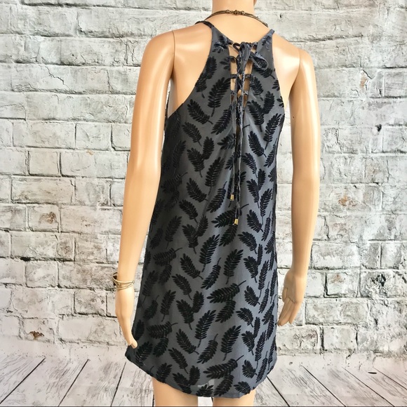 🔥NWT Navy Blue Leaf Patterned Lace Up Dress - Picture 2 of 8